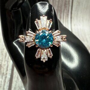 NEW Bomb Party Lab Blue Topaz & Cubic Zirconia Rose Gold Plated Ring Size 8